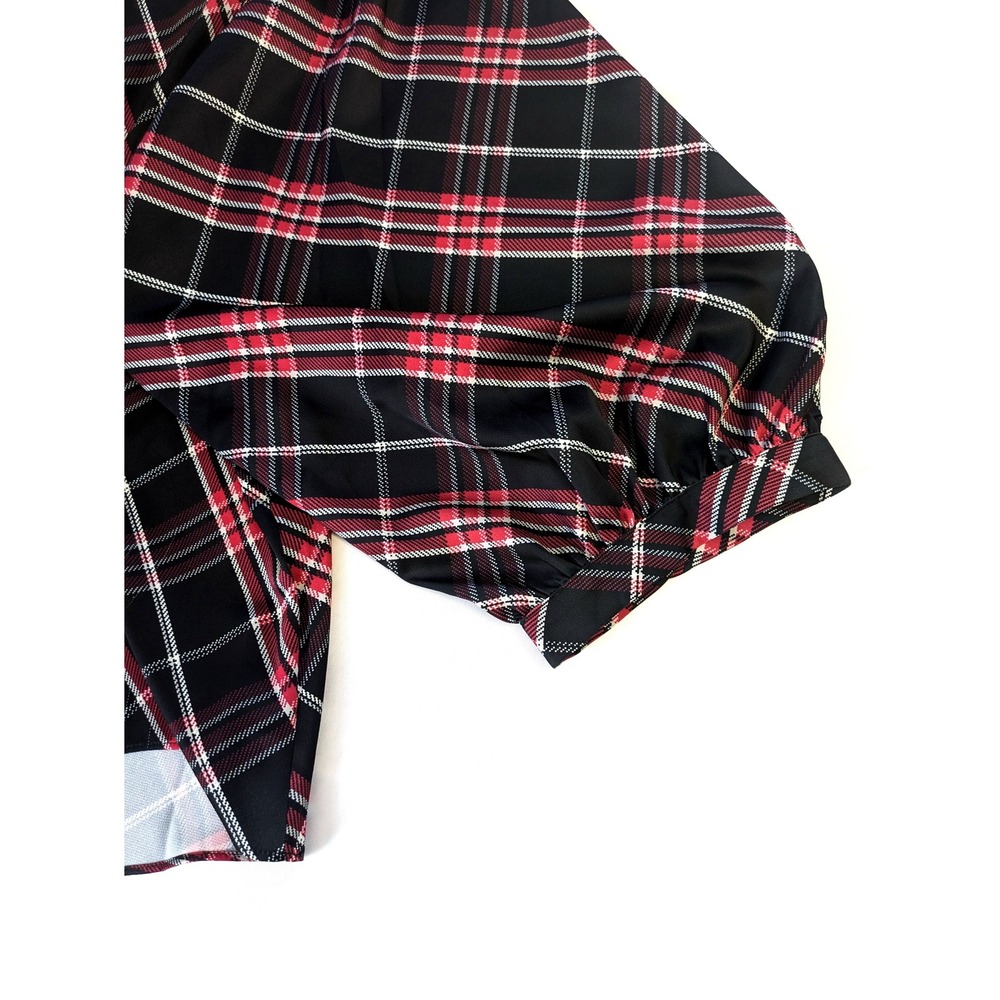 Chicos Red Black Plaid V-Neck Tie Front Puff Sleeve Blouse Top Size 4 XL/XXL - Picture 4 of 6